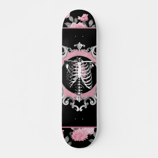 Gotische Liebe | Rosa und schwarze Skelette Herz B Skateboard (Vorne)