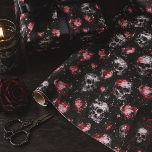 Gotische Liebe Skulls und Rote Herzen Geschenkpapier