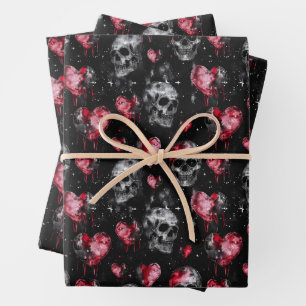 Gotische Liebe Skulls und Rote Herzen Geschenkpapier Set