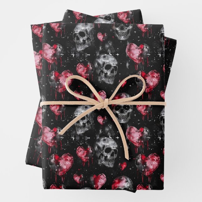 Gotische Liebe Skulls und Rote Herzen Geschenkpapier Set (Beispiel)