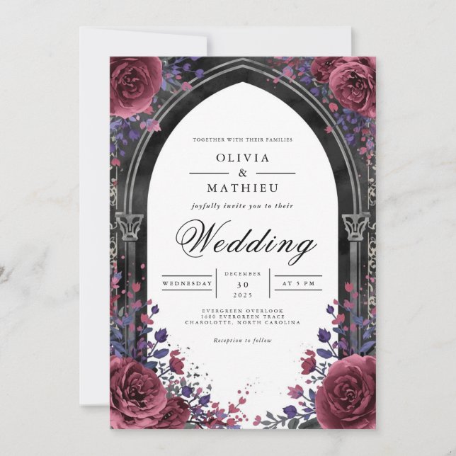 Gotische Pflaumenbogen-Hochzeit Einladung (Vorderseite)