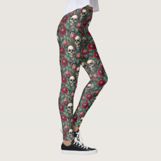 Gotische Rokoko-Blumen und Totenköpfe Leggings