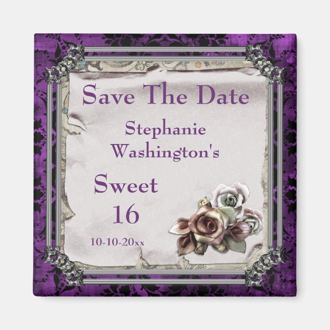Gotische Rose & Black Damask 16. Save the Date Magnet (Vorne)