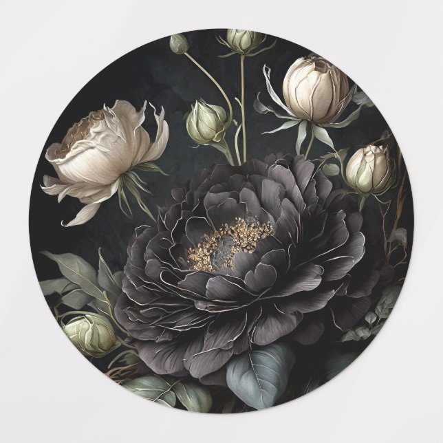 Gotische Rose Schwarze Blume Etiketten (Design 1)