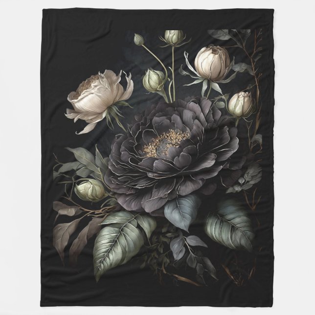 Gotische Rose Schwarze Blume Fleecedecke (Vorderseite)