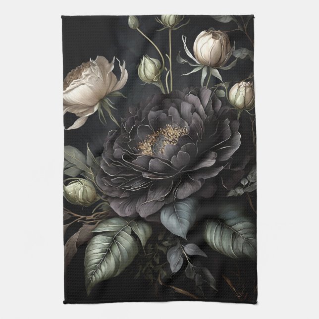 Gotische Rose Schwarze Blume Geschirrtuch (Vertikal)