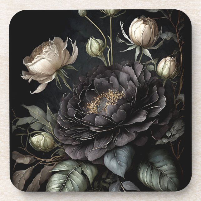 Gotische Rose Schwarze Blume Getränkeuntersetzer (Vorderseite)