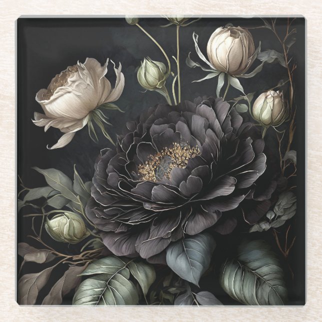 Gotische Rose Schwarze Blume Glasuntersetzer (Vorderseite)