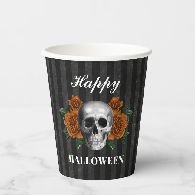 Gotische Rose & Skull Happy Halloween Pappbecher (Vorderseite)
