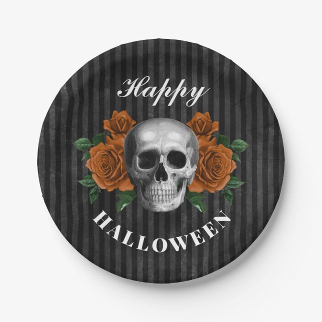 Gotische Rose & Skull Happy Halloween Pappteller (Vorderseite)