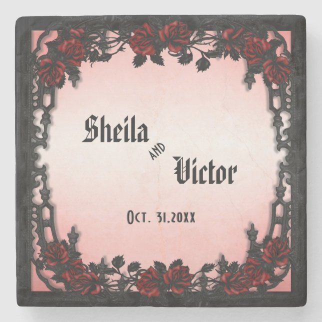 Gotische Rote Rose Hochzeit mit Viktorianischem Fl Steinuntersetzer (Vorderseite)