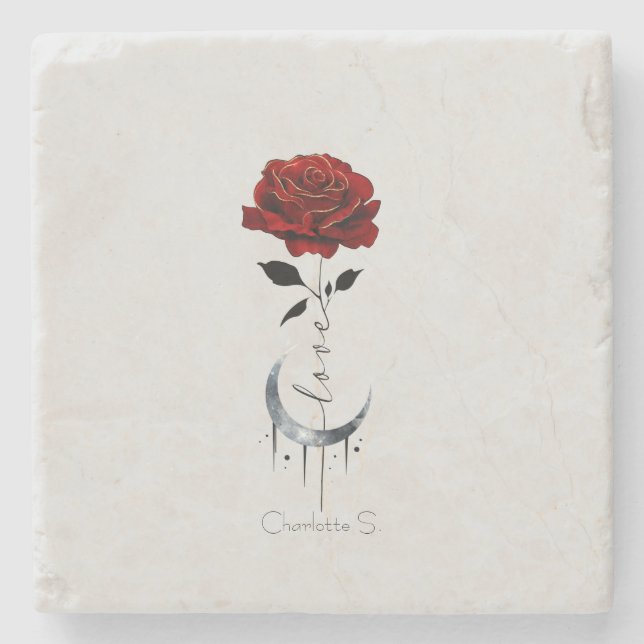 Gotische Rote Rose und Crescent Moon mit Liebe Steinuntersetzer (Vorderseite)