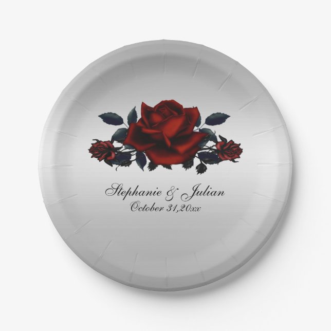 Gotische Rote Rosen Hochzeitspapierplatte Pappteller (Vorderseite)