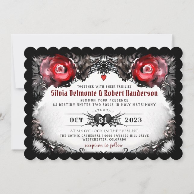 Gotische Rote Rosen und Spinnen Halloween Hochzeit Einladung (Vorderseite)