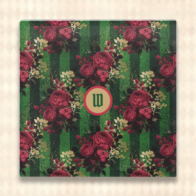 Gotische Rote Rosen und Streifen mit Anfangsbuchst Glasuntersetzer (Von Creator hochgeladen)