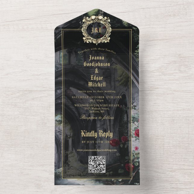 Gotische Ruinen Monogramm QR-Code Hochzeit All In One Einladung (Innen Boden)