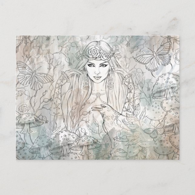 Gotische schöne Hexe mit Rabe Postkarte (Vorderseite)