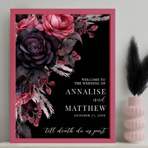 Gotische schwarze Blumen-Hochzeits-Willkommensschi Poster