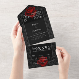 Gotische schwarze Damast-Rosen-Hochzeit All In One Einladung