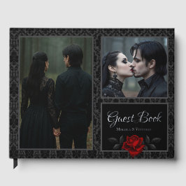 Gotische schwarze Damast-Rosen-Hochzeit Gästebuch