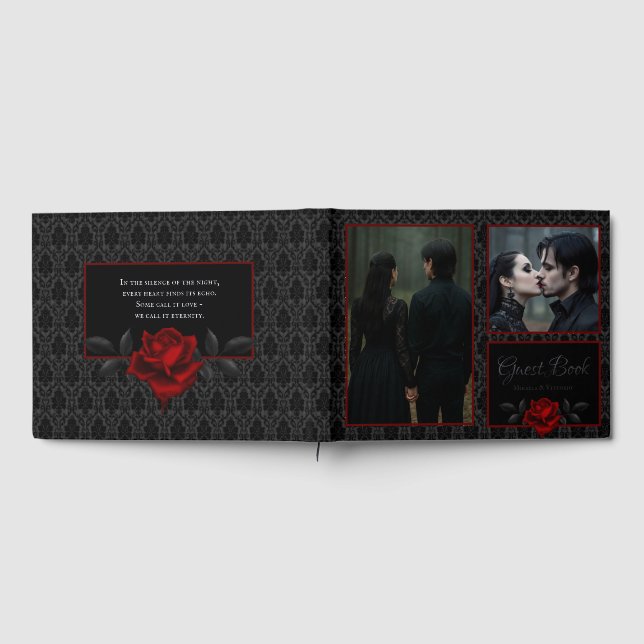 Gotische schwarze Damast-Rosen-Hochzeit Gästebuch (Voll)