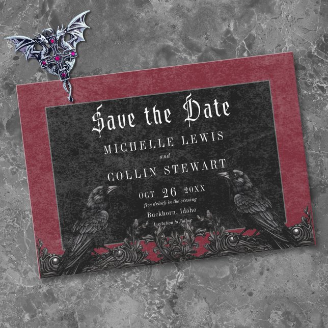 Gotische schwarze Raben und Rosen Burgunder Hochze Save The Date (Gothic Black Raven & Roses Burgundy Wedding Save The Date)