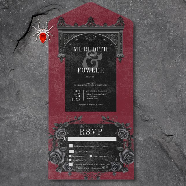 Gotische Schwarze Rose Ristorante La Lanchetta All In One Einladung (Gothic Black Arch & Black Roses Wine Three Dinner All In One Invitation)