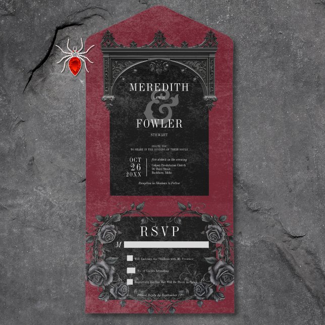 Gotische Schwarze Rose Wine No Dinner All In One Einladung (Gothic Black Border 8 & Black Roses Wine No Dinner All In One Invitation)