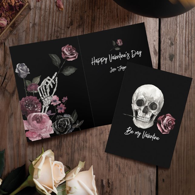 Gotische Schwarze Skelette Rose Feiertagskarte (Gothic Black Skeleton Scull Rose Valentine's Day Holiday Card)