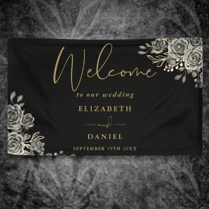Gotische schwarze und goldene Blumenhochzeitsbegrü Banner