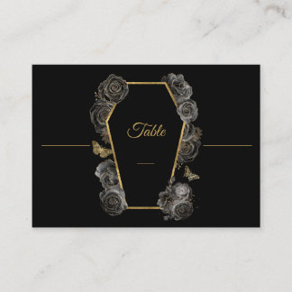 Gotische schwarze und goldene Rosen Sarg Hochzeit Platzkarte