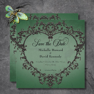 Gotische schwarze und grüne Filigran-Herz-Hochzeit Save The Date