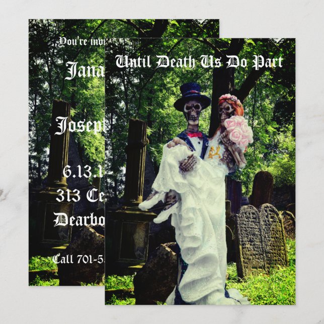 Gotische Skeleton Braut und Bräutigam Einladung (Vorne/Hinten)