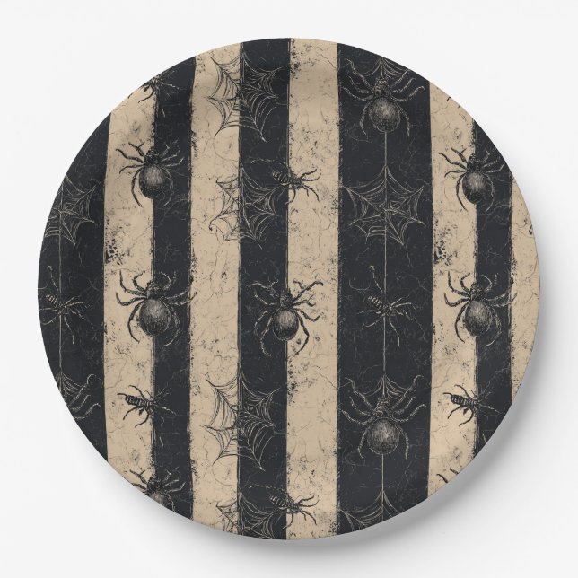 Gotische Spinne und gestreiftes Halloween-Muster Pappteller (Vorderseite)