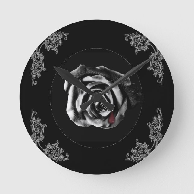 Gotische Vampire-Schwarz-Rose Runde Wanduhr (Vorderseite)