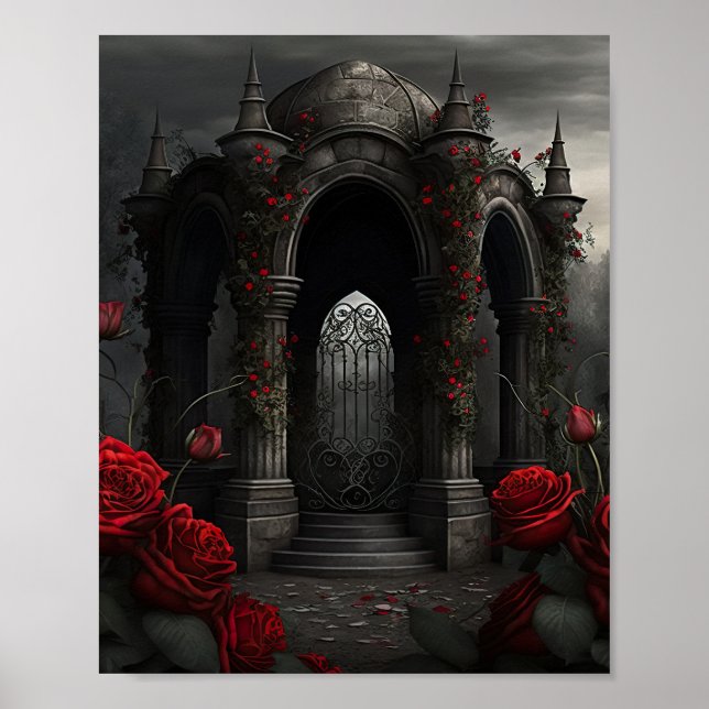 Gotischer Friedhof Rose Garten mit Rot und Schwarz Poster (Vorne)