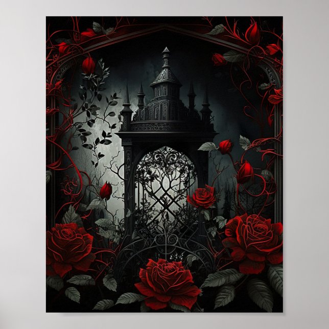 Gotischer Friedhof Rose Garten mit Rot und Schwarz Poster (Vorne)