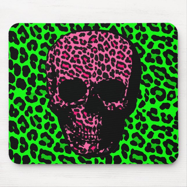Gotischer Punkschädel-Grün-Rosa-Leopard-Druck Mousepad (Vorne)