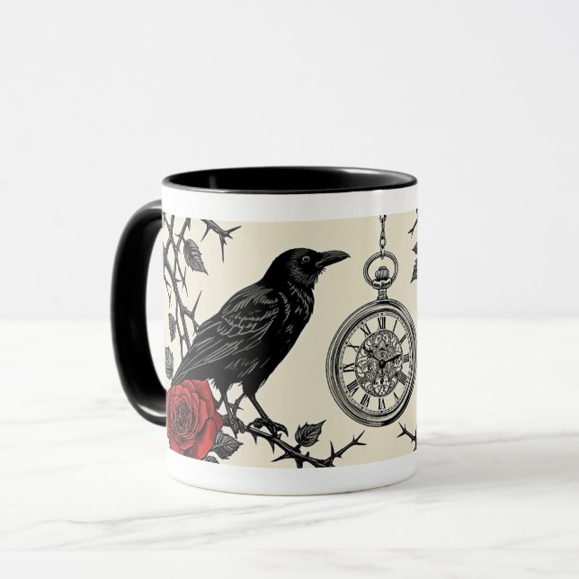 Gotischer Raben Uhr und Rosen Tasse (Vorderseite Links)