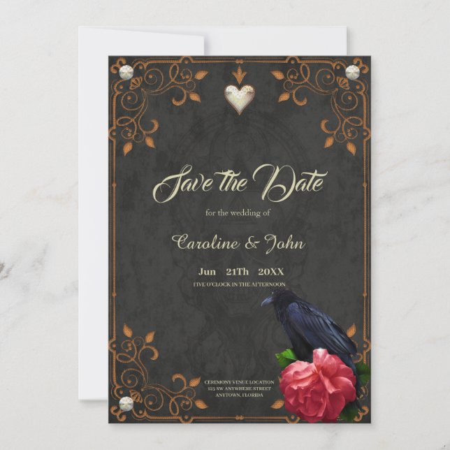 Gotischer Schädel und Raven. Save The Date (Vorderseite)