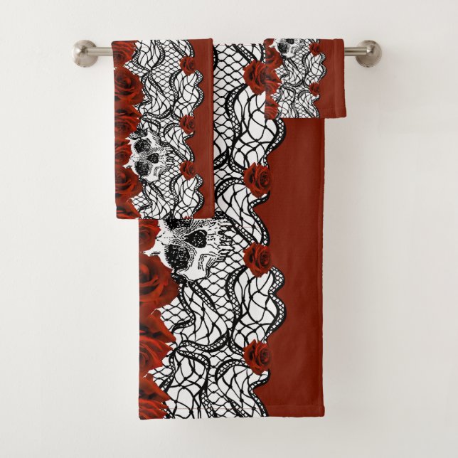Gotischer Stil, schwarze Spitzen, Skulls und rote  Badhandtuch Set (Insitu)