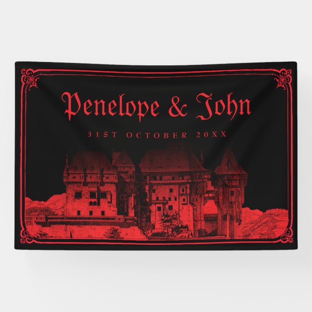 Gotischer Vampir-Burg-Rand Schwarz Rot Hochzeit Banner (Horizontal)
