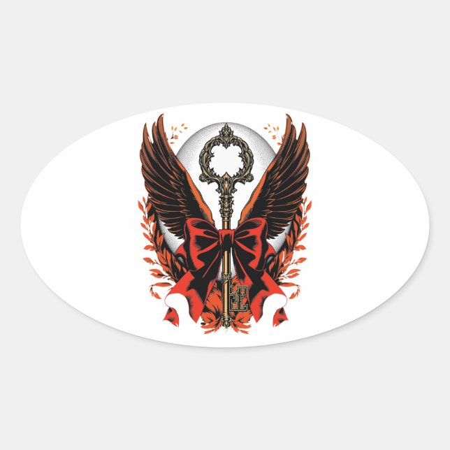 Gotischer Velvet-Bow-Schlüssel mit Flügeln & Mond Ovaler Aufkleber (Vorderseite)