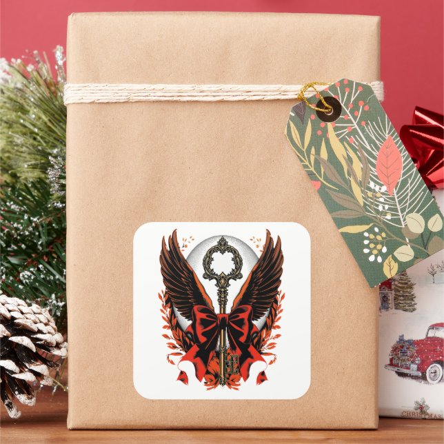 Gotischer Velvet-Bow-Schlüssel mit Flügeln & Mond Quadratischer Aufkleber (Feiertag)