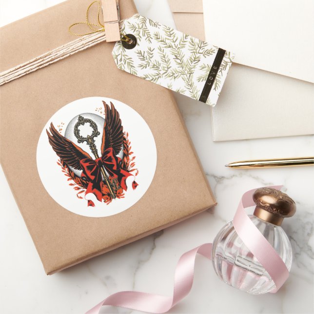 Gotischer Velvet-Bow-Schlüssel mit Flügeln & Mond Runder Aufkleber (Schenken)
