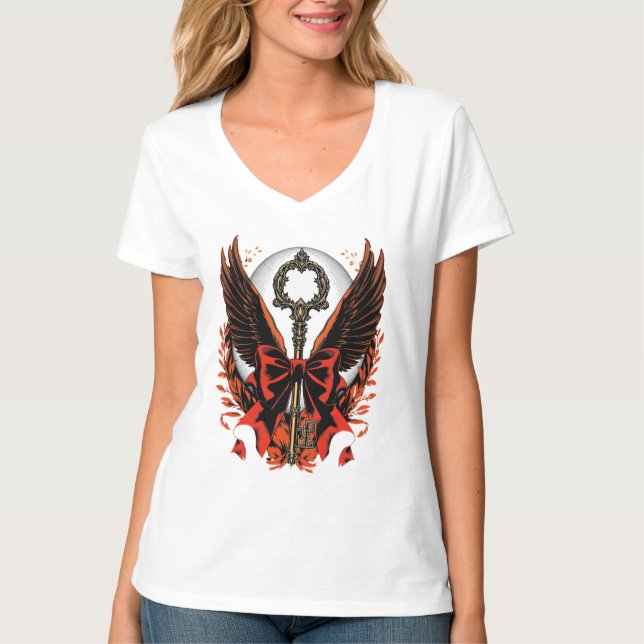 Gotischer Velvet-Bow-Schlüssel mit Flügeln & Mond T-Shirt (Vorderseite)