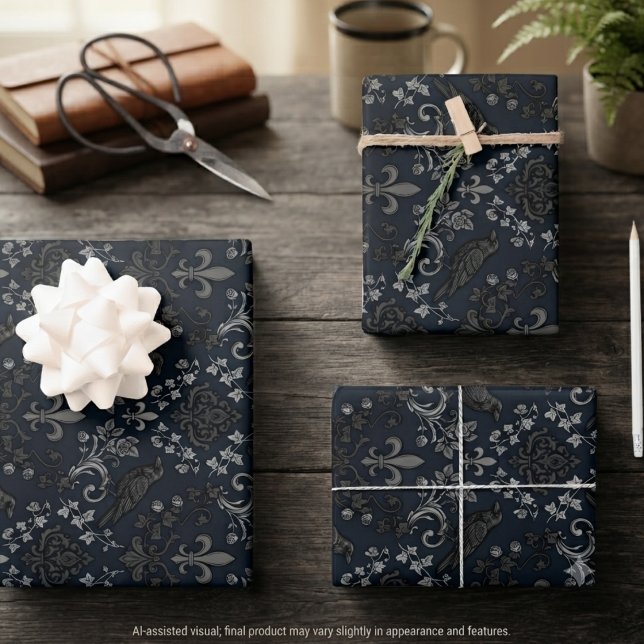 Gotischer viktorianischer Mitternachts-Rabe Fleur- Geschenkpapier Set (Moody raven and fleur-de-lis wrapping paper for dark academia celebrations.)
