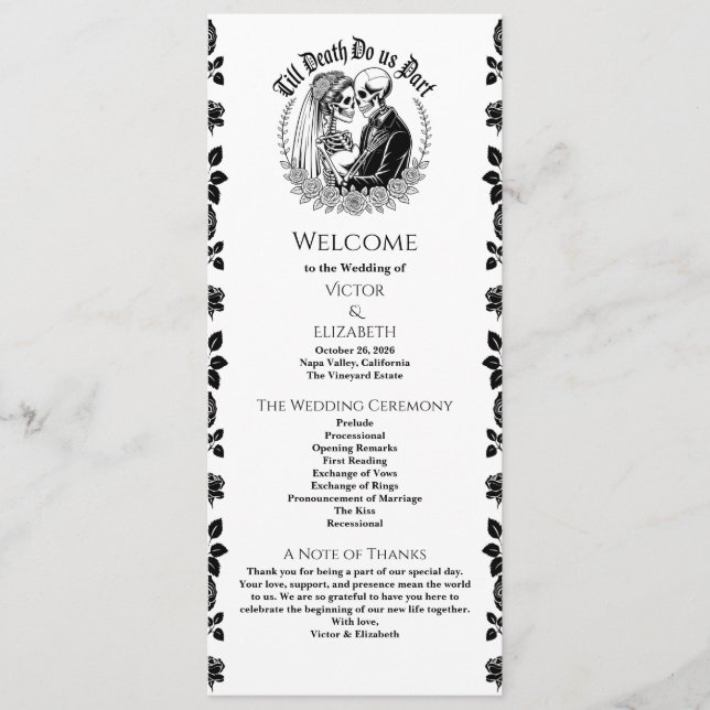 Gotisches Elegant bis zum Tod Skelett Hochzeit Programm (Vorderseite)