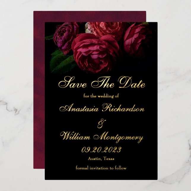 Gotisches Elegantes Schwarzes Gold Save the Date Folieneinladung (Vorderseite/Rückseite)