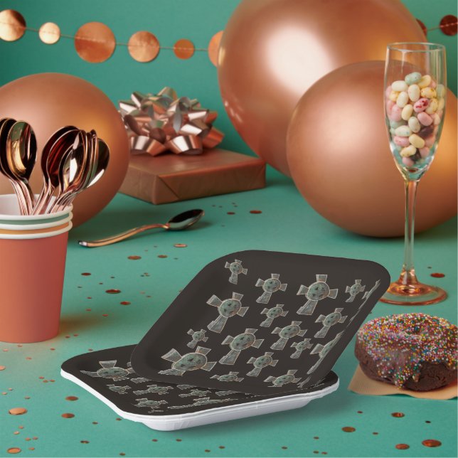 Gotisches Halloween-Friedhofskopfsteinkreuz Zeichn Pappteller (Multi)